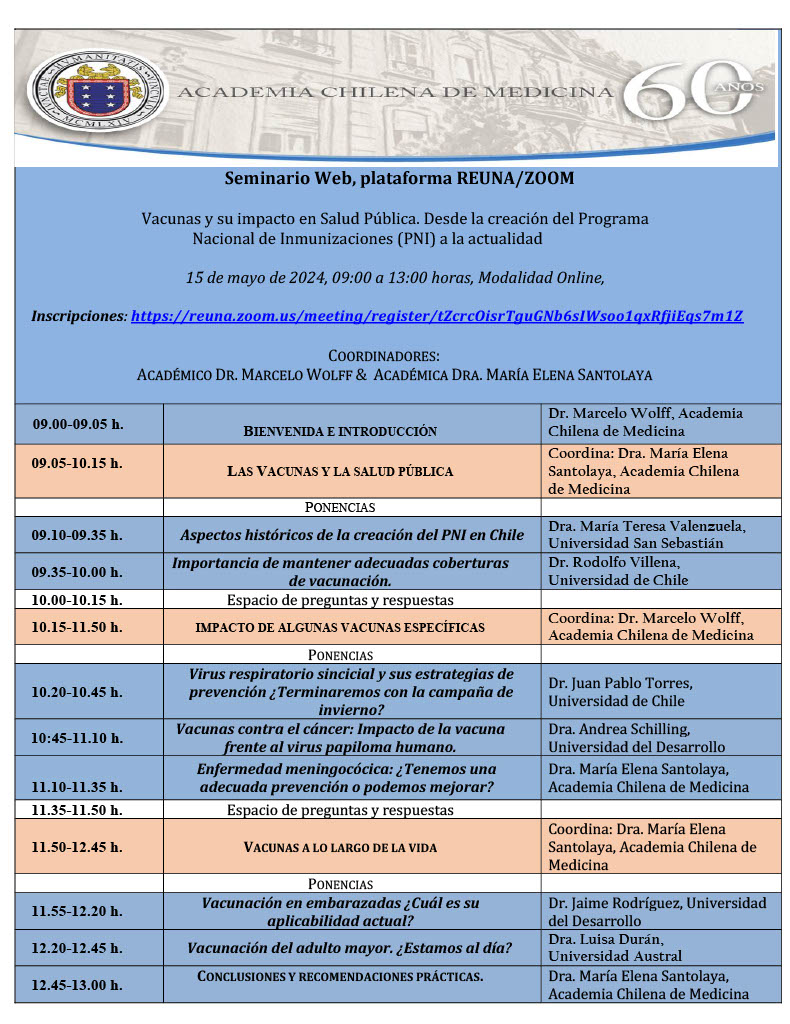 Seminario Web, plataforma REUNA/ZOOM “Vacunas y su impacto en Salud Pública. Desde la creación del Programa Nacional de Inmunizaciones (PNI) a la actualidad”